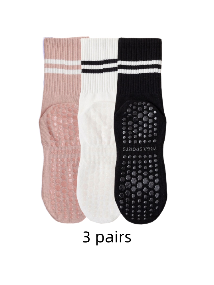 Grip Sock Yoga - ヨガソックス 3 足、ミディアムレングスソックス、ピュアコットン滑り止めシリコン屋内フィットネスピラティス、女性用スポーツソックス卸売